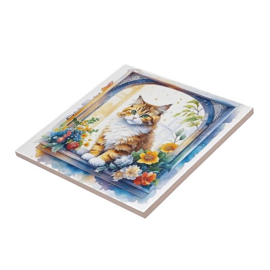 Kitty Cat im Fenster der Blume Fliese (Seite)