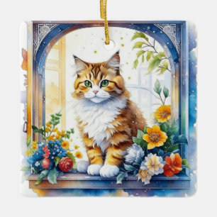 Kitty Cat im Fenster der Blume Personalisiert Keramikornament