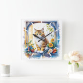 Kitty Cat im Fenster der Blume Quadratische Wanduhr (Zuhause)