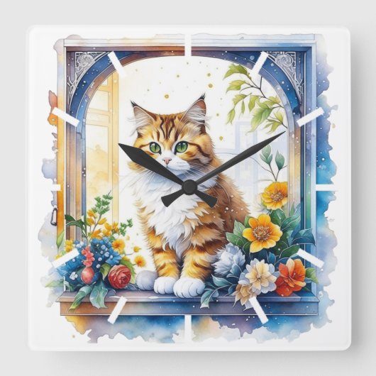 Kitty Cat im Fenster der Blume Quadratische Wanduhr (Vorderseite)