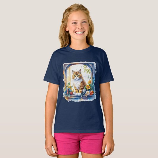 Kitty Cat im Fenster der Blume T-Shirt (Vorne ganz)