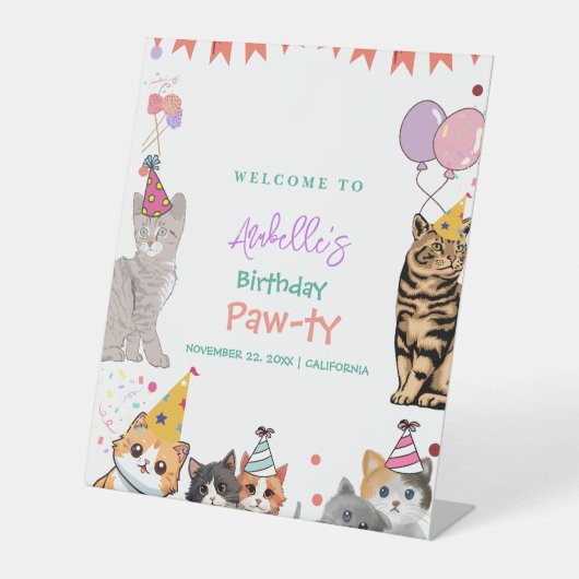 Kitty Cat Kitten Let's Pawty Birthday Willkommensz Sockelschild (Vorderseite)