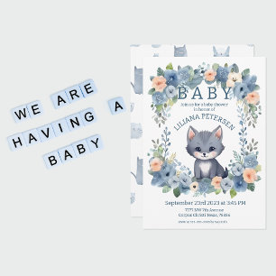Kitty Cat Kitten Pastel Blue Boy Baby Shower Invit Einladung