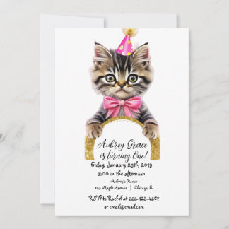 Kitty Cat Kitten Pink Gold Glitzer Geburtstagspart Einladung