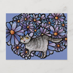 Kitty Cat Lila Daisies Gray Cat Art Gray Cats Feiertagspostkarte