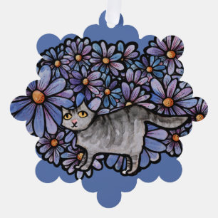 Kitty Cat Lila Daisies Gray Cat Art Gray Cats Ornament Karte