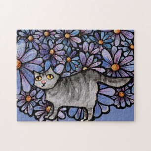 Kitty Cat Lila Daisies Gray Cat Art Gray Cats Puzzle