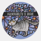 Kitty Cat Lila Daisies Gray Cat Art Gray Cats Runder Aufkleber (Vorderseite)
