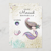 *~* Kitty Cat Mermaid Gold Glitzer Hair Geburtstag Einladung (Vorne/Hinten)