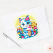 Kitty Cat mit Eis Summer Kawaii Charakter Quadratischer Aufkleber (Umschlag)