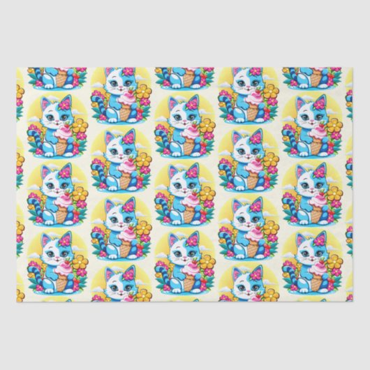Kitty Cat mit Eis Summer Kawaii Charakter Seidenpapier (Vorderseite)