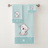 Kitty Cat & Monogram on Light Blue Bath Handtuch S Badhandtuch Set (Insitu)