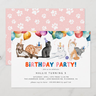 Kitty Cat Party | Spaß Farbiger Kindergeburtstag Einladung