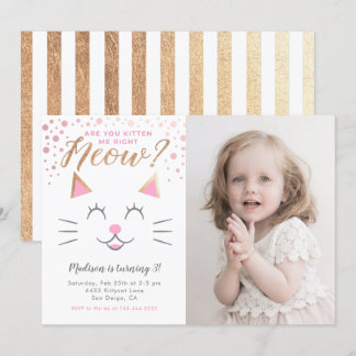 Kitty Cat Pink Gold Geburtstagsparty Foto Einladung