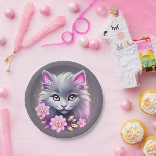 Kitty Cat und Hübsche, rosa Blume Pappteller