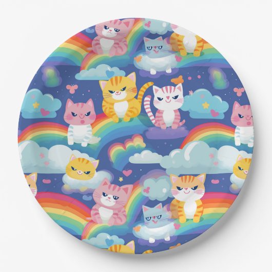 Kitty Cats auf Regenbogenwolken Niedlich und glück Pappteller (Vorderseite)