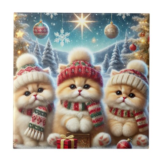 Kitty Cats im Weihnachtsdekor und Schnee Fliese (Vorderseite)