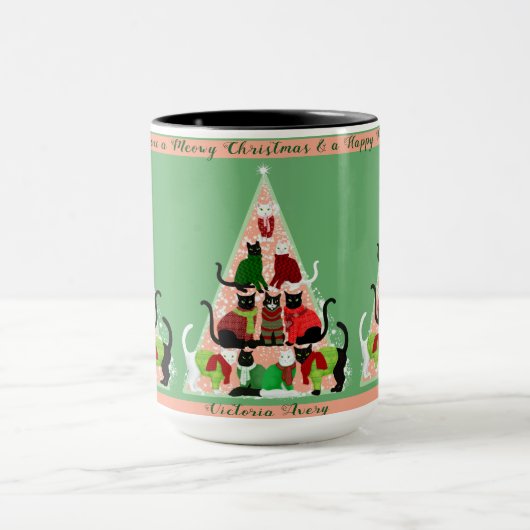 Kitty Christmas Tree Blush Green Custom Holiday Tasse (Zentrum)