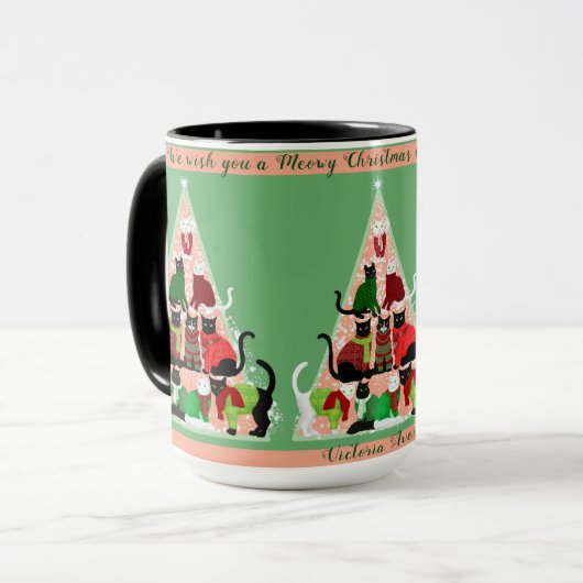 Kitty Christmas Tree Blush Green Custom Holiday Tasse (Vorderseite Links)