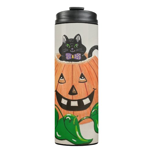 Kitty in Pumpkin Candy Jar Thermosbecher (Vorderseite)