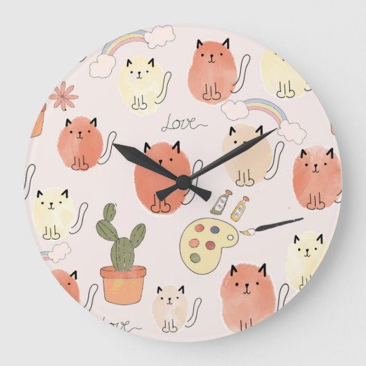 Kitty Kitten Cats: Süße Tier Pattern Große Wanduhr (Vorderseite)