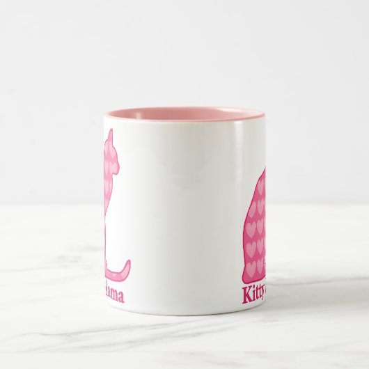 Kitty Mama sitzt in Fuchsia Pink Hearts Zweifarbige Tasse (Mittel)