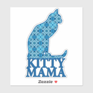 Kitty Mama sitzt Katze in Denim Blue Pattern Aufkleber
