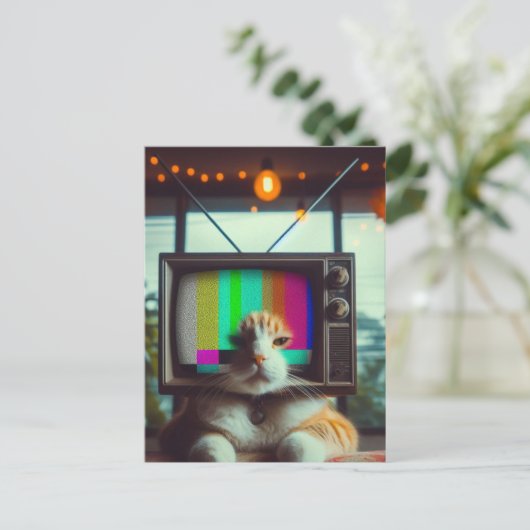 Kitty mit Vintagem Fernseher Postkarte (Stehend Vorderseite)