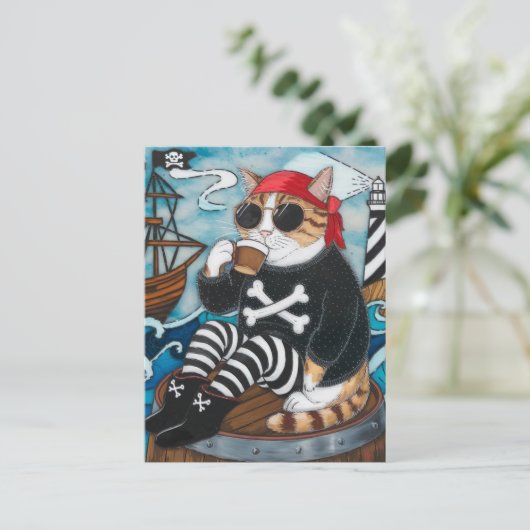 Kitty Pirate in fuzzy schwarzen Pullover mit einem Postkarte (Stehend Vorderseite)