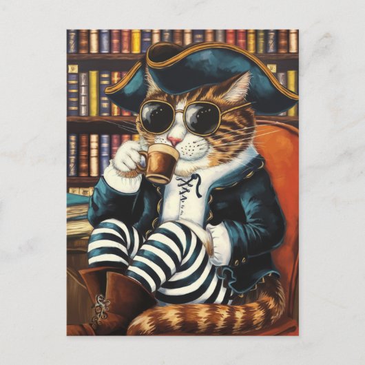 Kitty Pirate mit einem Kaffee in einem Buchladen Postkarte (Vorderseite)