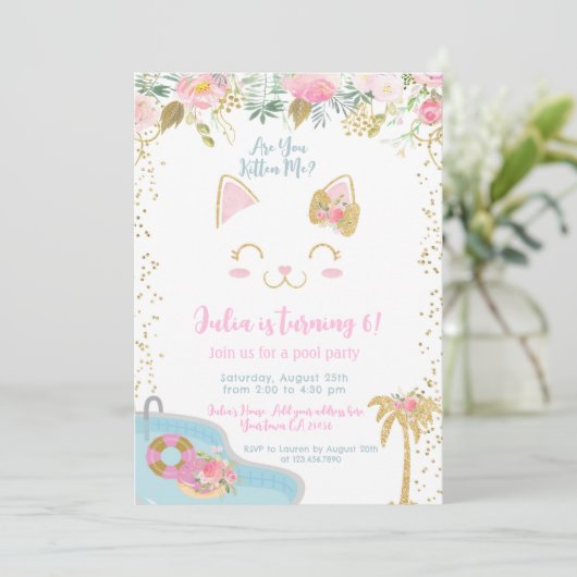 Kitty Pool Party Invitation Einladung (Stehend Vorderseite)