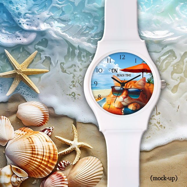 Kitty Snoozing am Strand immer Sommer Armbanduhr (Cat lover watch featuring a colorful painting of a kitty snoozing on the beach.)