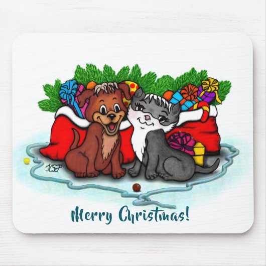 Kitty und Puppy, Frohe Weihnachten Mousepad (Vorne)