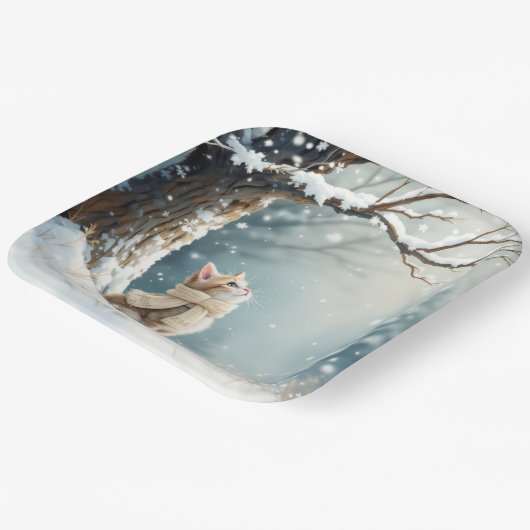 Kitty Watching Schneeflocken Pappteller (Gewinkelt)