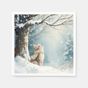 Kitty Watching Schneeflocken Serviette
