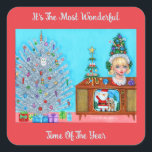 Kitty's First Christmas Tree Head Vase Santa Claus Quadratischer Aufkleber<br><div class="desc">liebevoll erschaffen aus einem originalen Acrylgemälde von Blonde Blythe.</div>