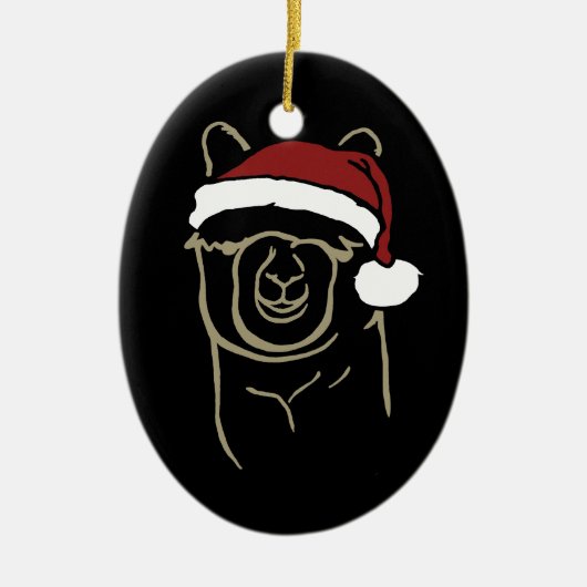 Kitz-Alpaka mit Weihnachtsmannmütze Keramik Ornament (Vorne)