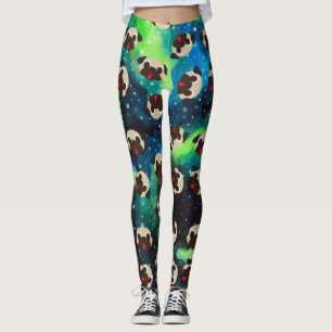 Kitz-Möpse auf blaues Grün-kosmischem Hintergrun Leggings