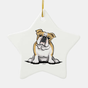 Kitz-weiße Bulldogge sitzen hübsches Keramikornament