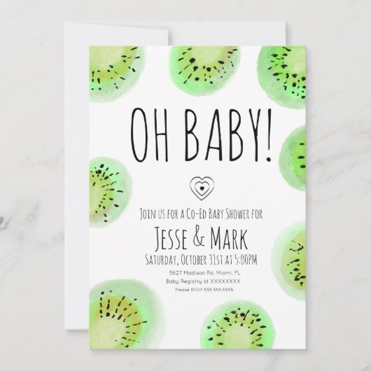 Kiwi Baby Shower Watercolor Polk Dots Einladung (Vorderseite)