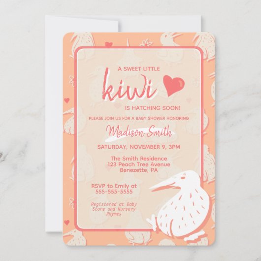 Kiwi Bird Bare Bottom Peach Baby Dusche Einladung (Vorderseite)