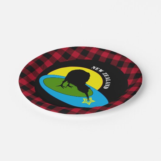 Kiwi Bird & Neuseeland, Red Buffalo Kariert Rustik Pappteller (Schrägansicht)