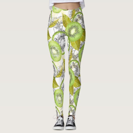Kiwi, fruchtig, grün und weiß, frisch, saftig, wei leggings (Vorderseite)