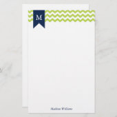 Kiwi Green Chevrons und Blue Monogram Briefpapier (Vorne/Hinten)