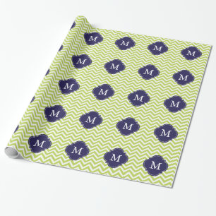 Kiwi-grünes u. blaues Zickzack-Muster-Monogramm Geschenkpapier