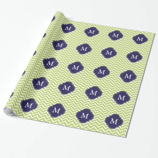 Kiwi-grünes u. blaues Zickzack-Muster-Monogramm Geschenkpapier (Ungerollt)
