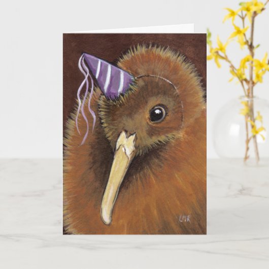 Kiwi in einer Party Hat - Bird Art Personalizable Karte (Gelbe Blume)