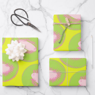 Kiwi Pop Art Frucht Muster in Chartreuse und Rosa Geschenkpapier Set