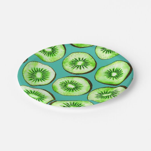 Kiwi-Scheiben auf Türkis Pappteller (Schrägansicht)