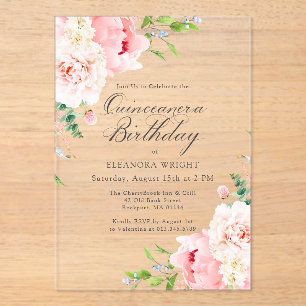 KLAR ACRYLIC Quinceanera Rosa Pfingstrosen-Blumen Acryleinladungen